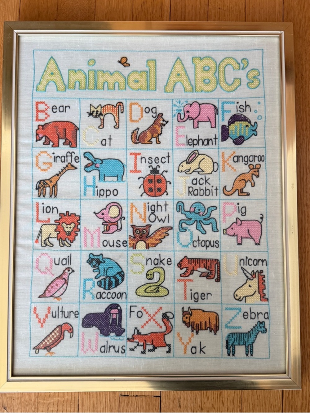Vtg Animal ABC's Embroidery Alphabet Wall Art Cross Stitch Gold Frame Alphabet